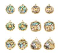 FASHEWELRY Stainless Steel Natural Paua Shell Flat Round Triangle Rectangle Sea Shell Ornament Gold Plated for Summer Beach Decor Jewelry Making Necklace Bracelet Earring, 15.5-19mm x 12.5-16mm x 2.5