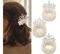 Fashey Pearl Hair Ties Beaded Ponytail Holder Rhinestone Hair Scrunchies 3 Pcs Elastic Hairband Hair Accessories for Women (type A)