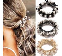 Fashey Pearl Hair Ties Beige Ponytail Holder Elastic Hair Bands Glitter Rhinestone Hair Scrunchies Set 3 Pcs Stretchy Hair Accessories for Women (Black+Grey+Champagne)
