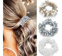 Fashey Pearl Hair Ties Beige Ponytail Holder Elastic Hair Bands Glitter Rhinestone Hair Scrunchies Set 3 Pcs Stretchy Hair Accessories for Women (White+Pink+Beige)