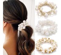Fashey Pearl Hair Ties Rhinestone Ponytail Holder 3 Pcs Flower Hair Scrunchies Beaded Elastic Hairband Hair Accessories for Women (Type A)