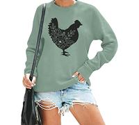FASHGL Chicken Sweatshirt Women Farm Long Sleeve Pullover Tops Cute Graphic Tee Holiday Casual Lightweight Blouse, Green, Large