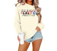 FASHGL Christmas Friends Sweatshirt Women Funny Cartoon Graphic Pullover Top Christmas Movie Shirt Xmas Party Long Sleeve Tee, Apricot, S