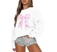 FASHGL Pink Bow Sweatshirt Coquette Sweater - embroidered sweatshirt Clean Girl Aesthetic Shirt Fall Crewneck Pullover, White, XXL
