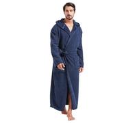 FashGudim 400g Mens Dressing Gowns with Hood Full Length Long Fluffy Dressing Gown For Men Big and Tall Winter Luxury Hooded Bathrobe (Navy, 4XL)