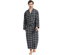 FashGudim Mens Buffalo Plaid 100% Cotton Flannel Shawl Collar Robe Lightweight Full Length Bathrobe Sleepwear Loungewear House Robes（Black/Grey, XXXL）