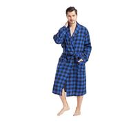 FashGudim Mens Dressing Gowns Lightweight Buffalo Plaid Cotton Robe Shawl Collar Summer Kimono Bathrobe (Black & Blue, L/XL)