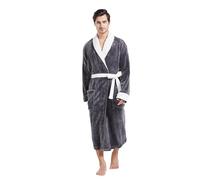 FashGudim Mens Robe Plush Robes for Men Warm Soft Fleece Bathrobe Calf Length Shawl Collar Short House Robes with Pockets, Grey & White, L/XL