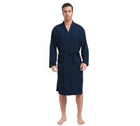 FashGudim Mens Waffle Pique Robe Lightweight Kimono Spa Robe Knee Length Summer Robes, navy, 3XL
