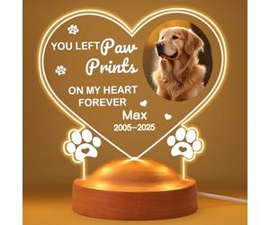 Fashimontr Personalized Pet Memorial LED Night Light with Photo, Custom Acrylic Heart Plaque on Wooden Base, Dog & Cat Loss Sympathy Gift, “Paw Prints on My Heart” Engraved Keepsake