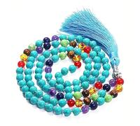 Fashion 108 Mara Tassel Long Necklace Natural Crystal Stone 7 Chakra Turquoise Black Agate Bead Pendant Knot Rope Women Men All-match Sweater Necklace,Turquoise,One size