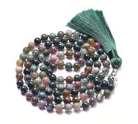 Fashion 108 Mara Tassel Long Necklace Natural Crystal Stone 7 Chakra Turquoise Black Agate Bead Pendant Knot Rope Women Men All-match Sweater Necklace, Indian Agate,One size