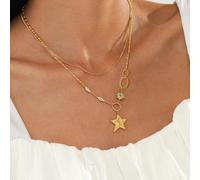 Fashion 14K gold double-layer five-pointed star stainless steel necklace female ins style niche geometric clavicle chain