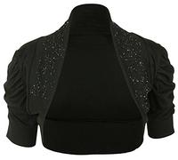 Fashion 4 Less Womens Sequin Ruched Sleeve Bolero Ladies Front Open Stretch Bolero Cropped Knit Shrugs Tops Black