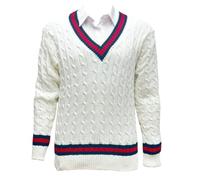 FASHION 7STAR Adults V-Neck Long Sleeve Cable Knit Cricket Jumper Top Mens Contrast Stripe Block Pullover Knitted Golf Sweater Jersey Cream