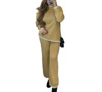 FASHION 7STAR Ladies Contrast Blanket Stitching Knitted Jumper and Trouser Tracksuit Womens Long Sleeve Crew Neck High Low Side Slit Sweatshirt Trouser 2 Pcs Set