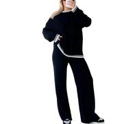 FASHION 7STAR Ladies Contrast Blanket Stitching Knitted Jumper and Trouser Tracksuit Womens Long Sleeve Crew Neck High Low Side Slit Sweatshirt Trouser 2 Pcs Set