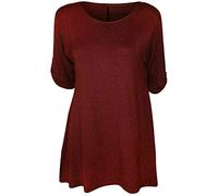 FASHION 7STAR Womens Plus Size Scoop Neck Short Sleeve Flared Ladies Long Plain Top 3/4 Button Sleeve Top UK 14-28 (Wine UK 14)