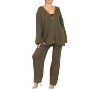 FASHION 7STAR Womens Rib Knitted 4 Buttons Cardigans and Palazzo 2 Pcs Tracksuit Ladies Long Sleeve V Neck Sweater Top with Wide Leg Trouser Loungewear Suit Set Khaki