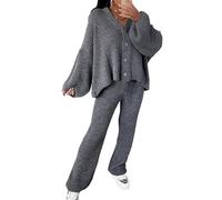 FASHION 7STAR Womens Rib Knitted 4 Buttons Cardigans and Palazzo 2 Pcs Tracksuit Ladies Long Sleeve V Neck Sweater Top with Wide Leg Trouser Loungewear Suit Set
