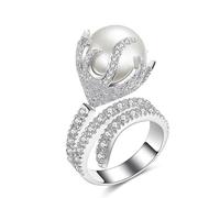 Fashion 925 Sterling Silver Cocktail Pearl Statement Rings for Women Petite Elegant Stackable Cubic Zirconia Thin Band for Women Costume Crystal Birthstone Jewelry Size 6-10, 8#