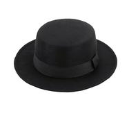 Fashion Black Classic Wool Blend Flat Brim Elegant Fedora Hat Panama Style Bowler Cap Jazz Hat with Ribbon Belt