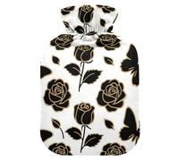 Fashion Butterfly Black and Gold Rose Flower Water Bottle for hot Water with Soft Cover, 2L Warm Compress for ( Scenario),(Scenario),bolsas de agua Caliente para Dolores