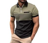 Fashion Casual Striped Polo Shirt Men - Golf Polo Shirts Casual Polo T-Shirt Classic Fit Short Sleeve Polo Shirt Zip Up Polo Shirts Work Polo Shirts Business Formal Shirt Summer Short Sleeve Khaki