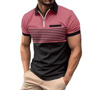 Fashion Casual Striped Polo Shirt Men - Golf Polo Shirts Casual Polo T-Shirt Classic Fit Short Sleeve Polo Shirt Zip Up Polo Shirts Work Polo Shirts Business Formal Shirt Summer Short Sleeve Pink