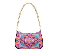 Fashion Chain Shoulder Bag, Casual Colorful Geometric Mandala Print Crossbody Bag Multi-way Polyester Handbag Armpit Bag with Golden Alloy Chain for Women Daily Travel Shopping
