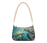 Fashion Chain Shoulder Bag, Casual Sea Turtle Pattern on The Seabed Crossbody Bag Multi-way Polyester Handbag Armpit Bag with Golden Alloy Chain for Women Daily Travel Shopping