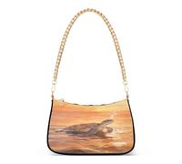 Fashion Chain Shoulder Bag, Casual Turtle Pattern under The Sunset Crossbody Bag Multi-way Polyester Handbag Armpit Bag with Golden Alloy Chain for Women Daily Travel Shopping