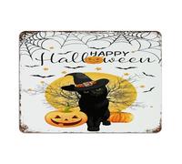 Fashion Chic Metal Sign Happy Halloween Black Cat Witch Hat Wall Decor Garage Signs for Pubs Club Gate Backyard Animals Illustrations Pagan Goth Art Poster Gift for House 10x14 Inch