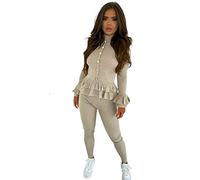 Fashion City C.O.F® Ladies Fine Ribbed Frill Peplum Gold Button Loungewear Suit Women Tracksuit Set (Sky Blue, M/L)