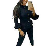 Fashion City C.O.F® Ladies Fine Ribbed Frill Peplum Gold Button Loungewear Suit Women Tracksuit Set (Black, S/M)