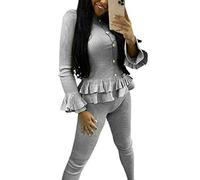 Fashion City C.O.F® Ladies Fine Ribbed Frill Peplum Gold Button Loungewear Suit Women Tracksuit Set (Grey, M/L)