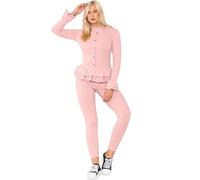 Fashion City C.O.F® Ladies Fine Ribbed Frill Peplum Gold Button Loungewear Suit Women Tracksuit Set (Pink, M/L)