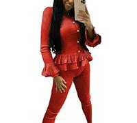 C.O.F® Ladies Fine Ribbed Frill Peplum Gold Button Loungewear Suit Women Tracksuit Set (Red, S/M)
