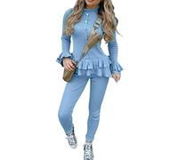 Fashion City C.O.F® Ladies Fine Ribbed Frill Peplum Gold Button Loungewear Suit Women Tracksuit Set (Sky Blue, S/M)