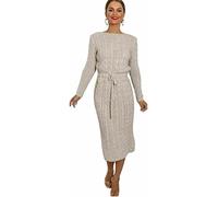 Fashion City C.O.F® Womens Cable Knitted Jumper Dress Ladies Pocket Tie up Long Midi Winter Warm Dresses Top (Stone, 14)