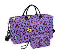 Fashion Color Leopard Purple Decorative Carry on Weekender Overnight Bag Tote Bag with Adjustable Strap for Trekking 2 Pcs Set Bolsa de lona para