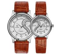 Fashion Couple Watch Men Women Quartz Waterproof Lovers Watch Slim Brown Leather Strap Valentine's Day Romantic Couple Watch Gift Set