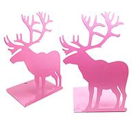 Fashion Creative Cartoon Cute Iron Elk Moose Pattern Nonskid Metal Office Desk Bookends (Pink)
