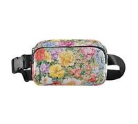 Fashion Crossbody Bag Waist Packs Women Men Flowers Peonies Rose Colorful Small Crossbody Passport Bag with Adjustable Strap for Workout Running Hiking, Flowers peonies Rose colorful876, 8" x 5.3" x