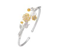 Fashion Cuff Bangle,Traditional retro bracelet, 925 Sterling Silver Bracelet For Women Chinese Style Twelve Flower Gods Bangle Golden Vintage Open Cuff Birthday Jewellery Gift(November Camellia)