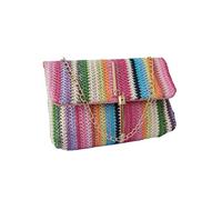 Fashion Cuqui Raffia Shoulder Bag Chain Flap Tassel Decoration Metal Rainbow Stripe Pattern Crossbody Women Purse, Colours, Small