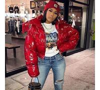 Fashion Cute Women Bright PU Pink Puffer Jacket Winter Warm Bubble Coats Shiny Leather Parkas Down Zipper Cropped Jackets Parkas-Red,M