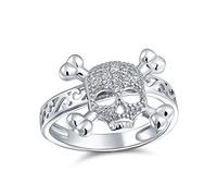 Fashion CZ Caribbean Pirate Skull Crossbones Ring For Teen For Women Punk Goth Cubic Zirconia .925 Sterling Silver