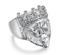 Fashion Diamond Studded Lion King Stainless Steel Ring, Men's Domineering Diamond Studded Lion King Ring