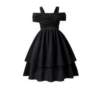 Fashion Dresses Summer Girls High Waist A Line Princess Dress Children Swing Spaghetti Strap Smocked Casual Cotton Shirt Elegant for Kids 6-16 Years Black